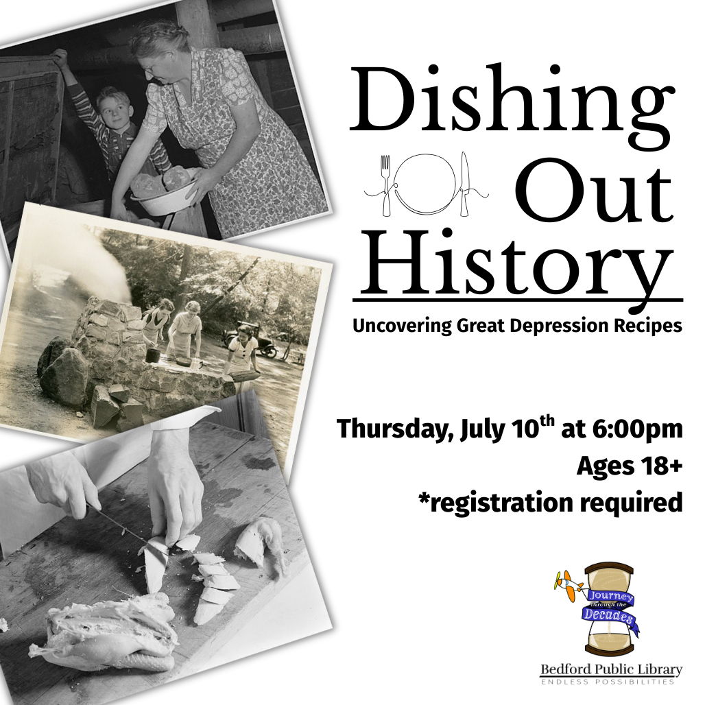 Dishing Out History Dishing Out History. Black and white photographs show a woman and child moving food from a storage crate into a pan, three women outdoors cooking over a large stone oven, and hands holding a knife and chopping a cooked chicken.