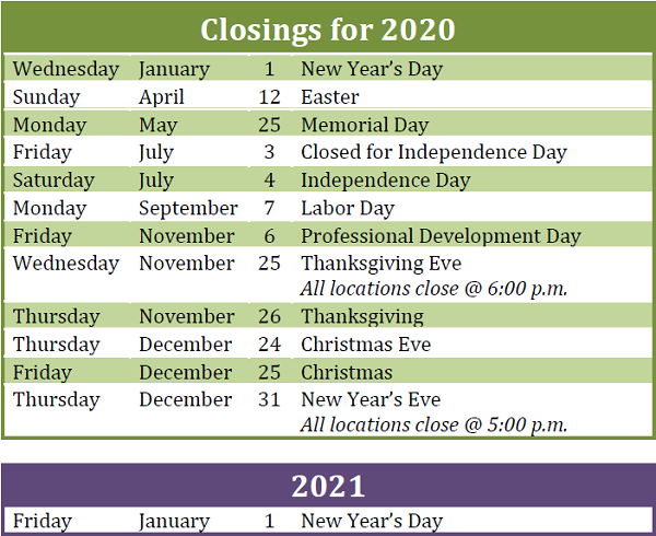 Calendar of Closings