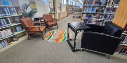 Two padded brown vinyl chairs surround a record player on a stand and a faux potted palm tree. A round throw rug in orange and green sits on the floor in front. A large black cushioned armchair sits across from the record player with a black laptop table. Shelves of teen books are in the background.