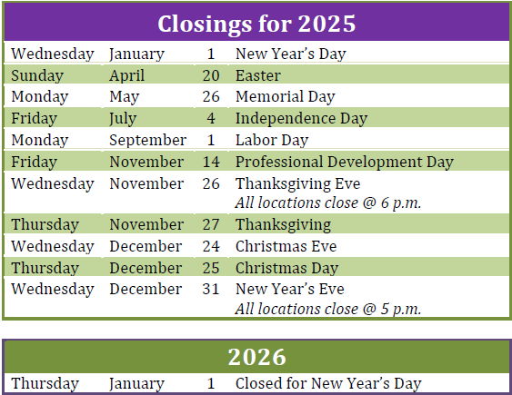 Calendar of closings in 2025