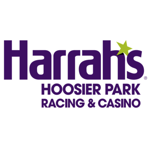 words read Harrah's Hoosier Park Racing and Casino in dark purple. The apostrophe is a lime green star.
