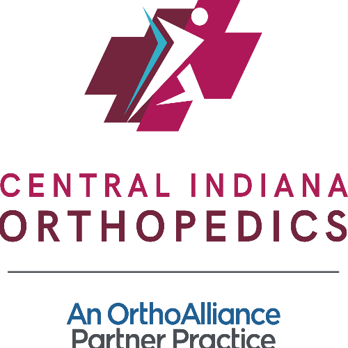 IMage of a medical cross with stick figure person running. Wordsad Central Indiana Orthopedics An OrthoAlliance Partner Practice