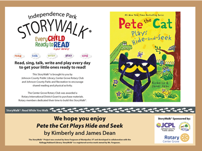Independence Park Summer 2026 StoryWalk cover of Pete the Cat Plays Hide-and-Seek with IP info