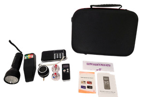 ghost hunting kit includes black case, radio, EMF detector, lights, speaker and more