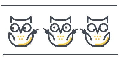 illustration of three owls pointing at each other looking away
