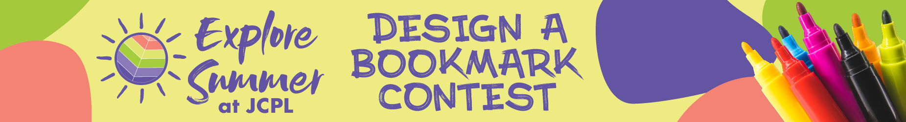 Design a Bookmark Contest, Entries accepted June 1-30 next to collection of colorful markers