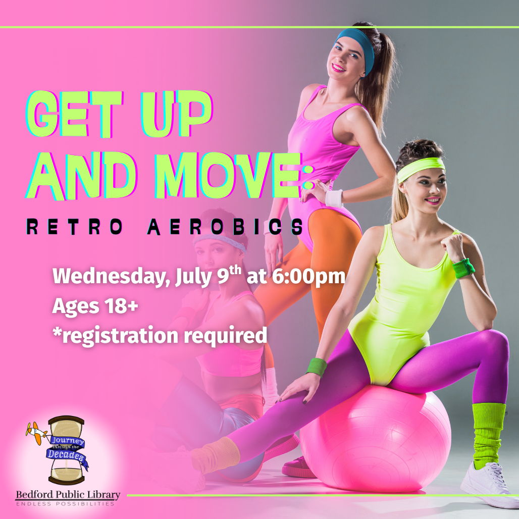 Get Up and Move Get Up and Move: Retro aerobics. Two women in neon leotards pose with exercise equipment.