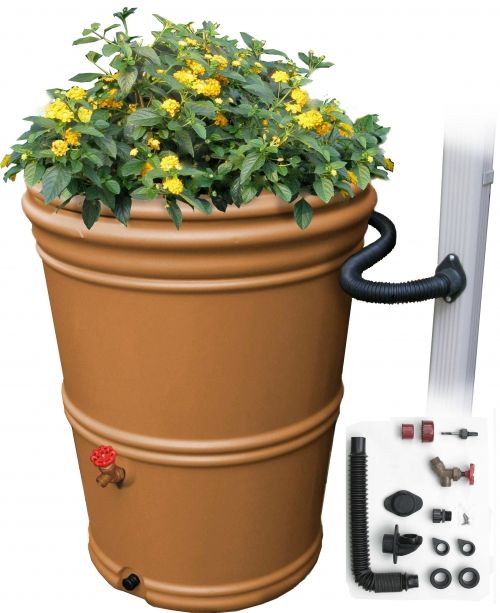 Picture of 45 gallon terra cotta rainstation with kit hooked up and top flipped over for planting Picture of 45 gallon terra cotta rainstation with kit hooked up and top flipped over for planting