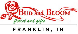 Logo with a red flower for Bud and Bloom in Franklin Indiana