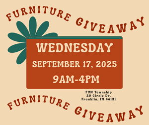 Furniture Giveaway Furniture Giveaway in wavy text with a leaf behind it