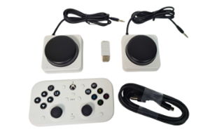 XBox controller XBox accessible controller, two super buttons, cable and adapter.