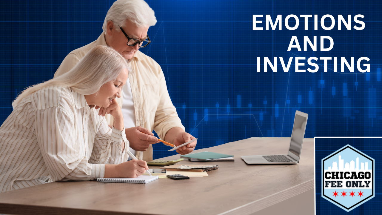 Couple at a table with a computer, notes, a calculator, pens and pencils, with a blue stock market backround