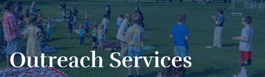 Outreach Services Outreach Services words over an image of Outreach staff in a park leading a larch group of children in an outdoor activity