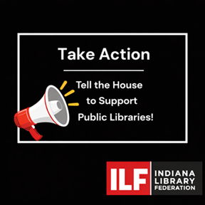red and white megaphone with message to take action to support public libraries, ILF logo in corner