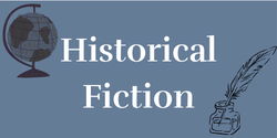 Historical Fiction words over a blue background with a globe and a feather pen and inkwell