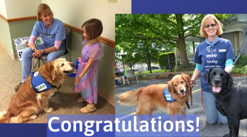 Congratulations! Mary Hall, Bridget the Reading Dog, and Shani provide programs to children.
