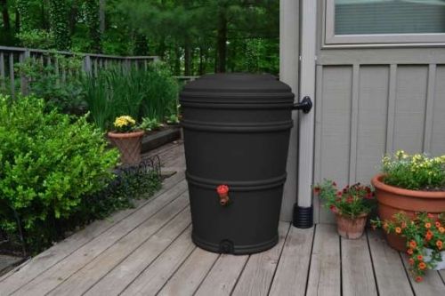 Picture of the Charcoal 65 gallon rainstation hooked up to downspout Picture of the Charcoal 65 gallon rainstation hooked up to downspout