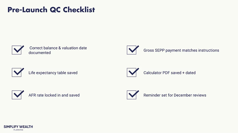 A pre-launch quality control checklist for a 72(t) SEPP. This analysis provides a final verification framework to ensure all components, from the correct balance and AFR rate to saving the calculator PDF and setting review reminders, are in place before initiating penalty-free withdrawals.