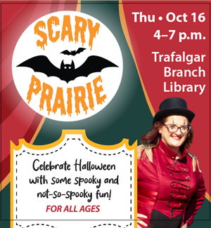 Librarian Keeley Waters in a top hat and red top, next to ticket stub