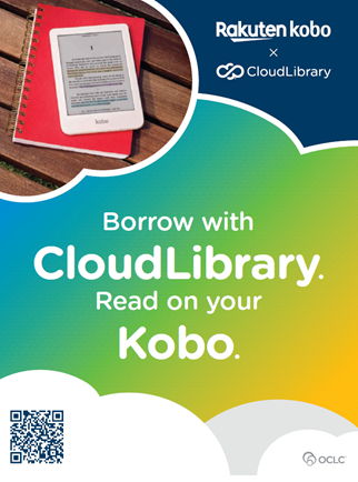 CloudLibrary Kobo Reader image of white Kobo reader on red book, with Rakuten logo and greeny/yellow cloud background to Borrow with CloudLibrary on your Kobo
