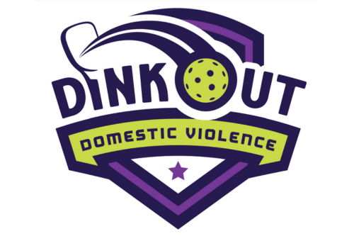 Image of pickleball paddle hitting a pickleball with the works Dink out Domestic Violence