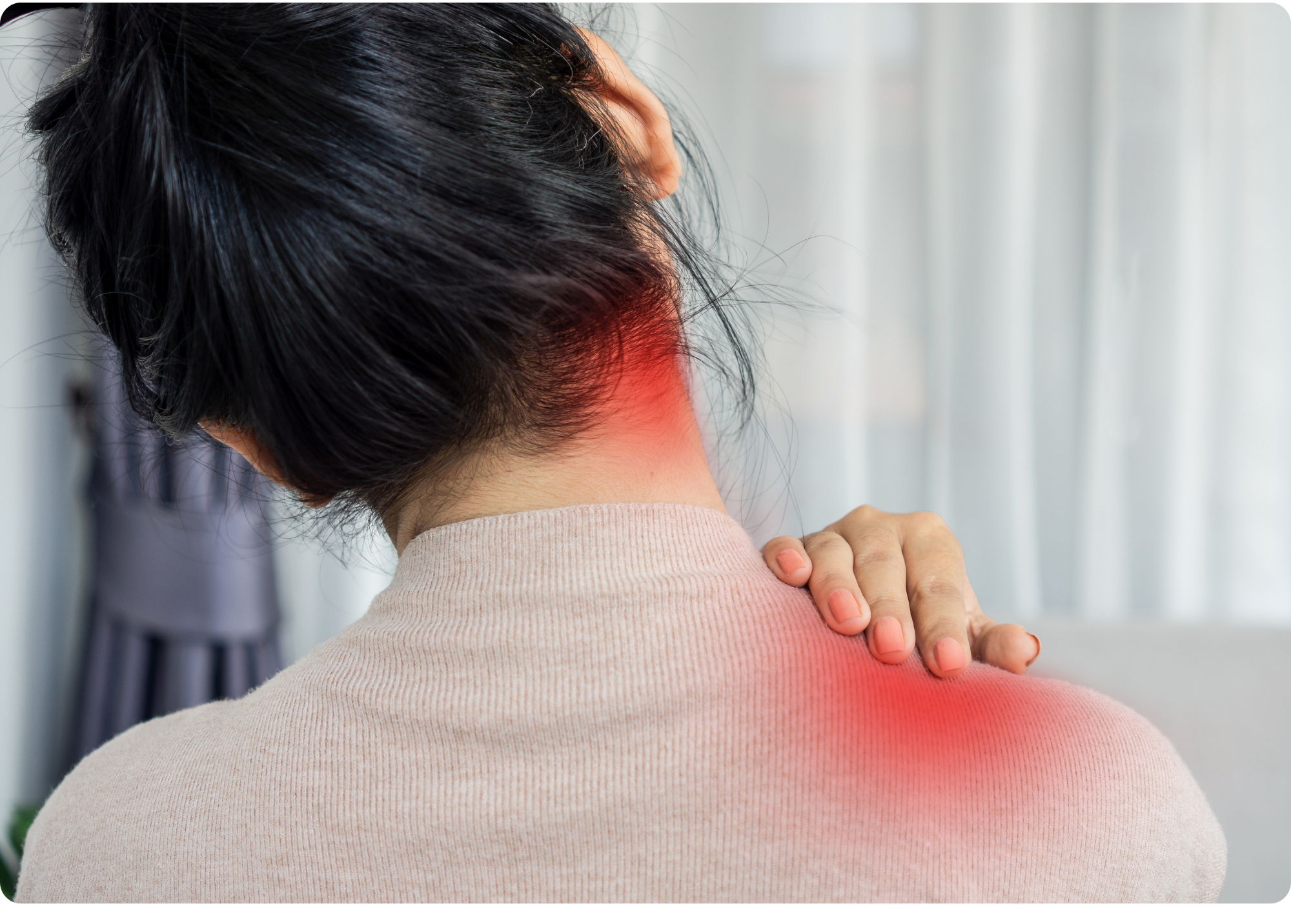 the back of a person's head and neck, withed highlights indicating pain on the neck and shoulder. The personas a han holding the red area on the shoulder.