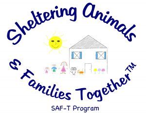 Logo reads Sheltering Animals & Families Together in purple with a child's drawing of a sun and house in thee center of the words
