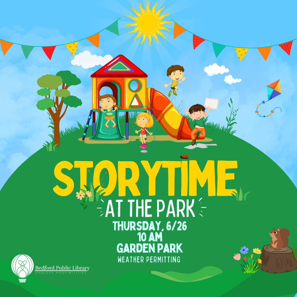 Storytime at the Park: Garden Park Storytime at the Park: Garden Park. Cartoon children play on a slide set while a squirrel on a stump watches.