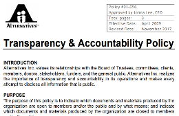 Alterantives Inc.'s logo with the words Transperancy and Accountability Policy underneath it followed by an image of the blurred words of the actual policy