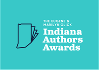 Indiana Authors Awards logo, outline of state of Indiana as book pages