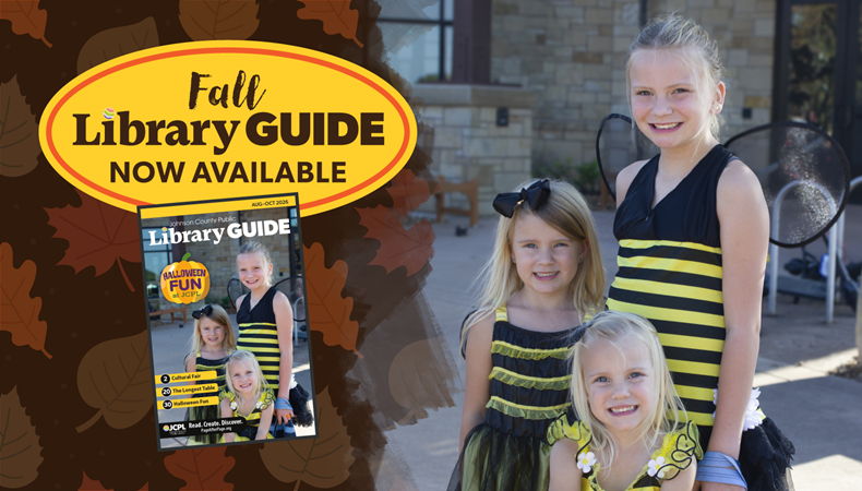 HPB Fall 2026 Guide Fall 2026 Library Guide cover with three blond girls in black and yellow Halloween costumes in front of Trafalgar Branch