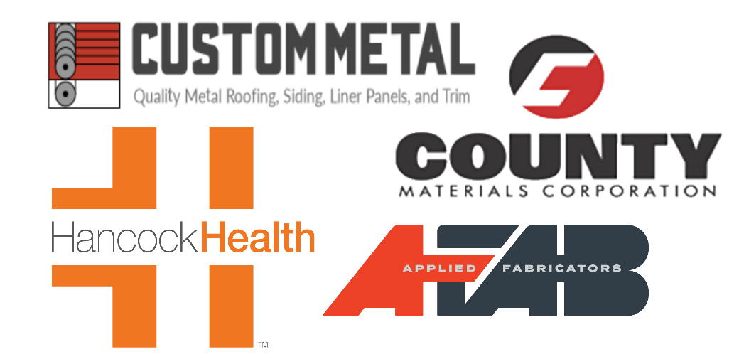 Image has logos for Custom Metal industries, Hancock Regional Health, County materials Corporation, and Applied Fabricators