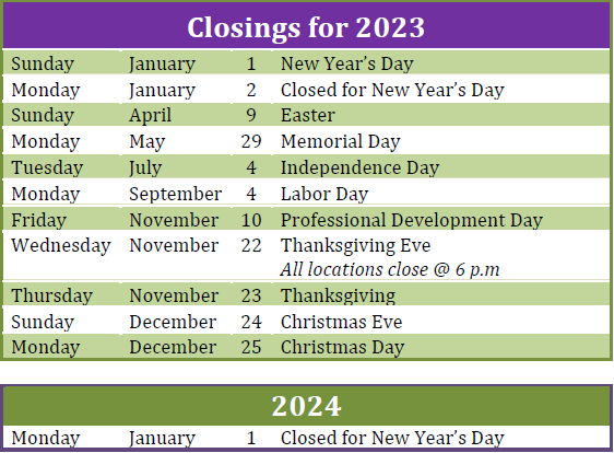 Dates of closings in 2023