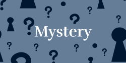 Mystery words written on blue background with question marks and keyholes