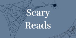 Scary Reads words over a blue background with a spider web and dangling spider