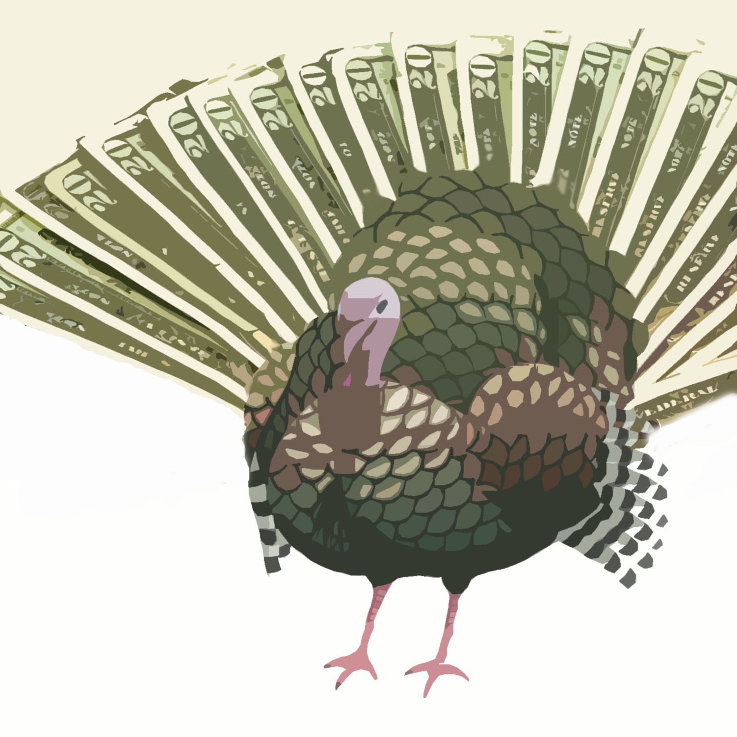 Illstrated Turkey with Twenty Dollar Bills for its tail feathers