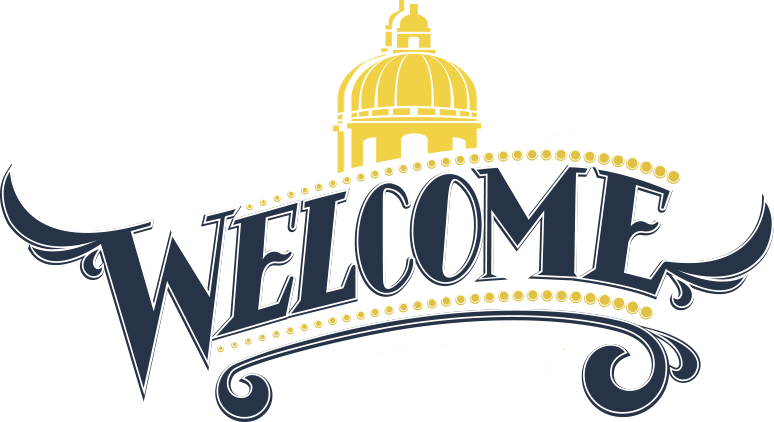 The word Welcome with a stylized icon of the Statehouse dome.