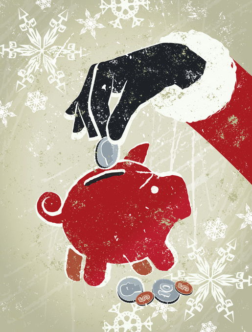 Santa Claus Adding Coin to a Red Piggy Bank Surrounded by Snowflakes