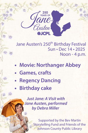Jane Austen festival 250 years of Jane Austen logo with silhouette of Jane Austen reading in bonnet, schedule of events