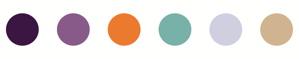 six circles in a line left to right: dark purple/plum; medium purple; orange; light teal; lavender; tan