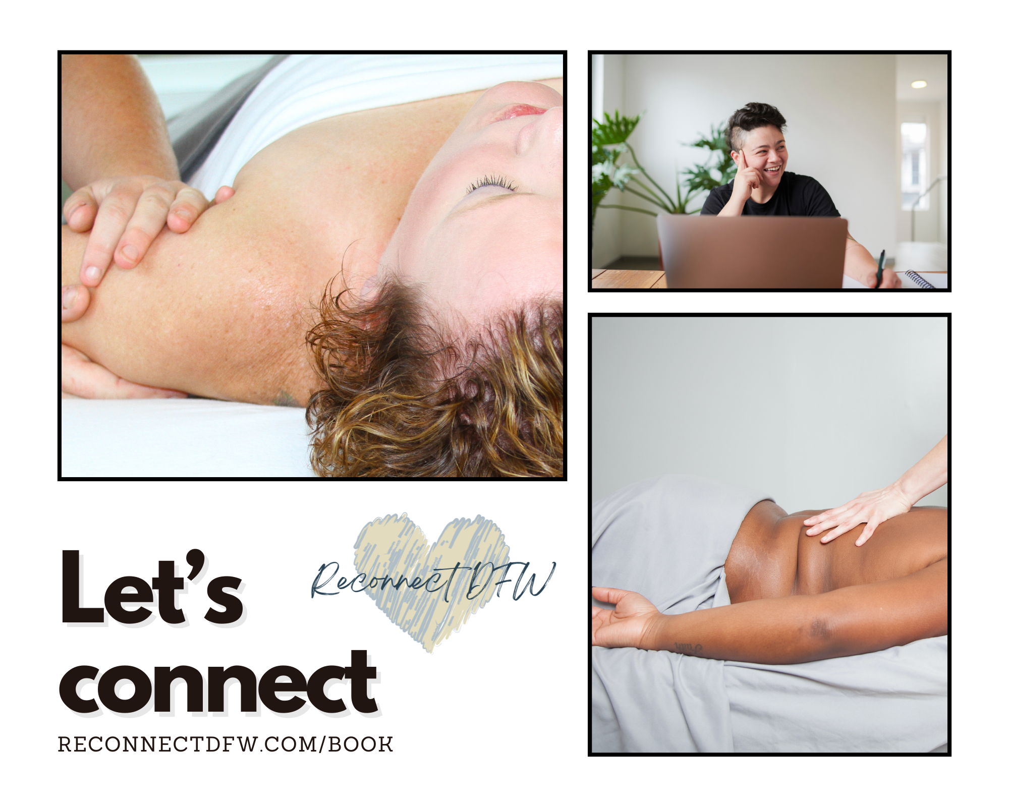 Collage of photos including hands massaging a person's arm, a person sitting at their laptop, and hands massaging a person's back