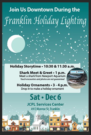 2025 Holiday Lighting, backdrop of snow falling on cityscape, inset photo of shark