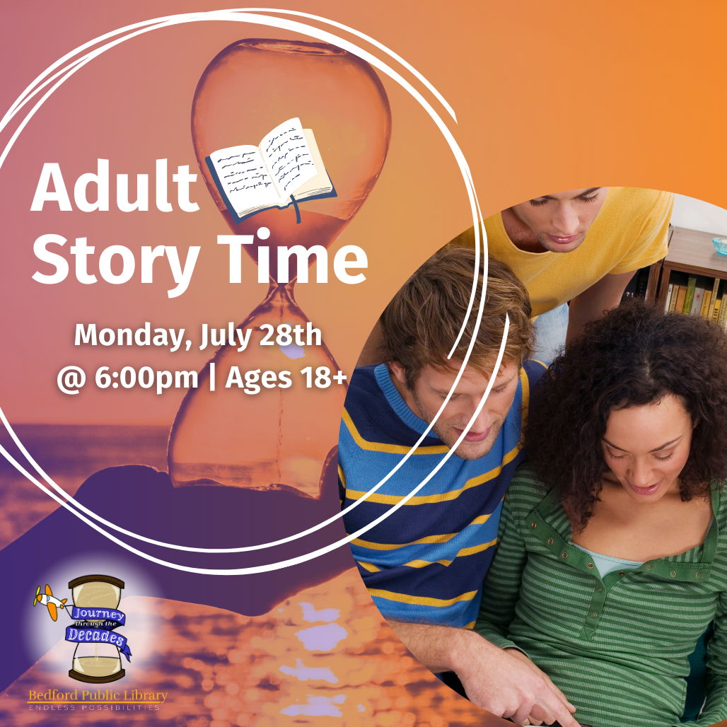 Adult Story Time Adult Story Time. Three adults gather around and look at a book. One man points out a passage on the page.
