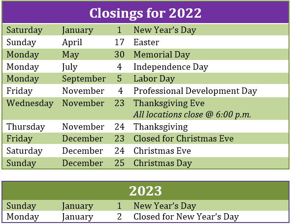 2022 Calendar of Closings 2022 Calendar of Closings