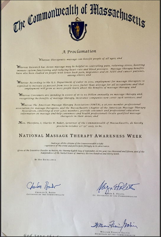 Governor Issues 2015 Massage Therapy Awareness Week Proclamation