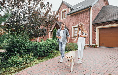 Rent or Buy Time for rest! Happy family playing with dog in courtyard near their big house. Young couple having fun.