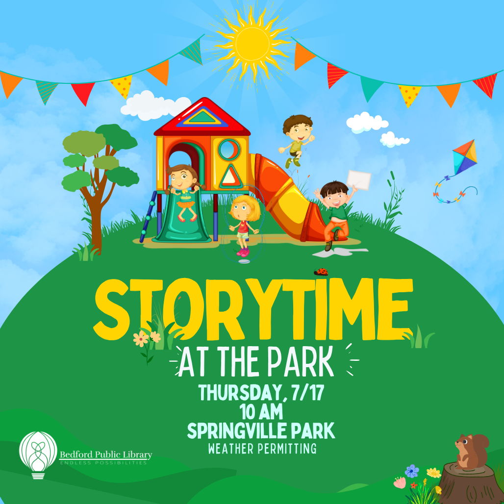 Storytime at the Park: Springville Park Storytime at the Park: Springville Park. Cartoon children play on a slide set while a squirrel sits on a stump and watches.