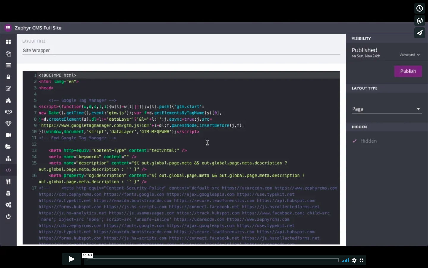 Image of a screenshot of Zephyr for a training video about Installing Google Tag Manager