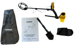 Metal Detector, black carrying bag, black shovel and instructions