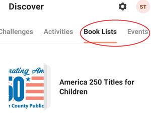 view of Beanstack app Discover tab showing booklists and events recommendations